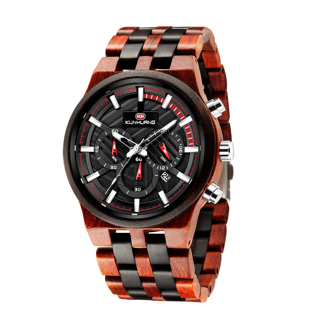 Men's Wood Quartz Watch with Large Dial and Three Eyes