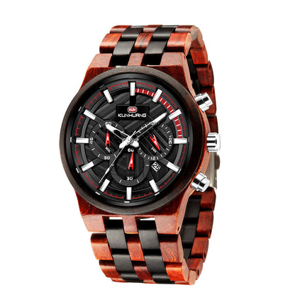 Men's Wood Quartz Watch with Large Dial and Three Eyes