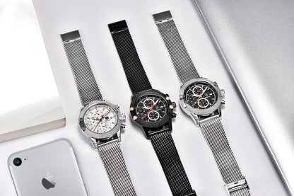 Quartz Three-Eye Watch with Steel Band and Waterproof