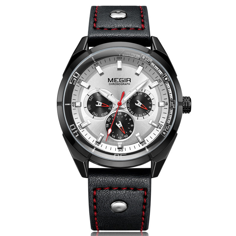 Men's Leather Quartz Watch with Large Dial