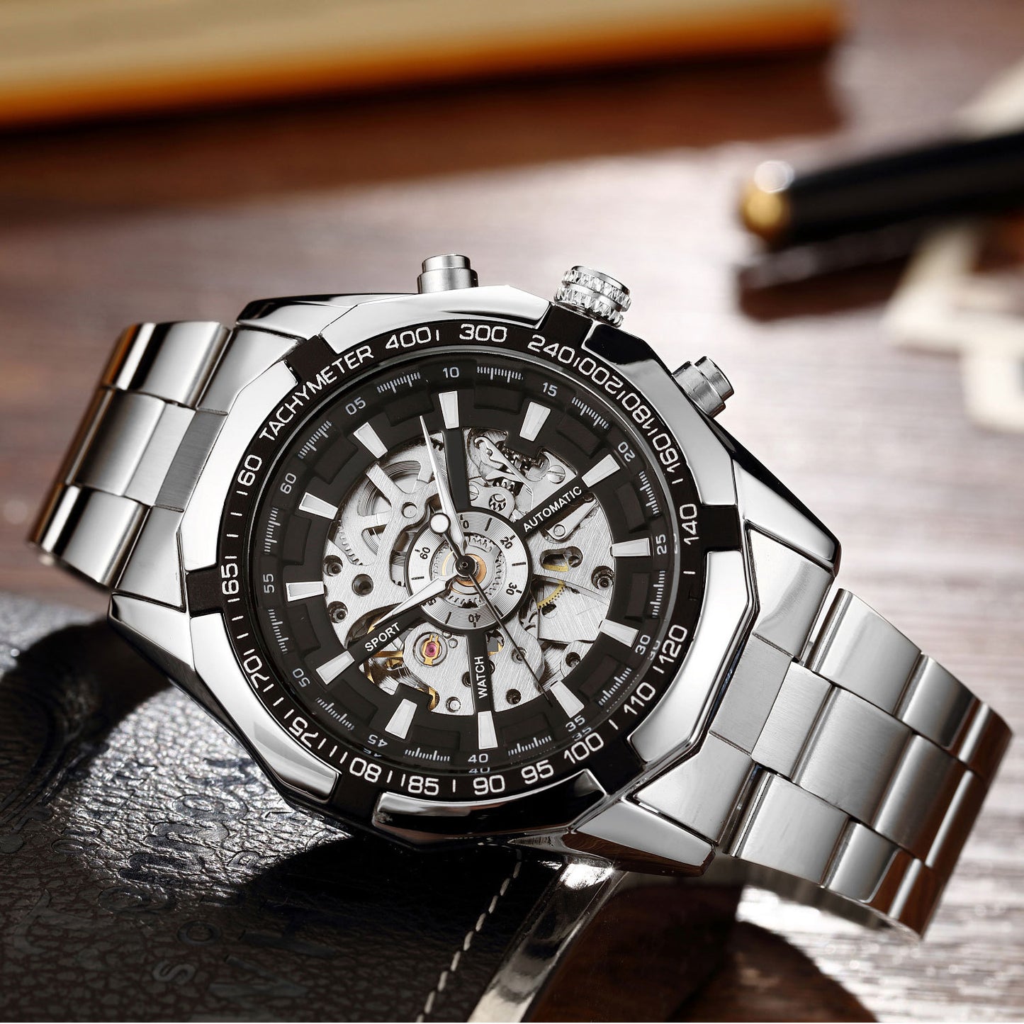 Men's Hollow Automatic Mechanical Watch with Steel Band