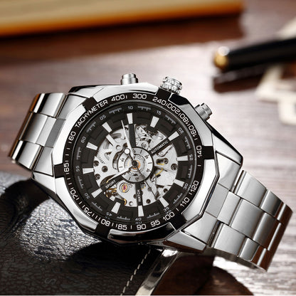 Men's Hollow Automatic Mechanical Watch with Steel Band