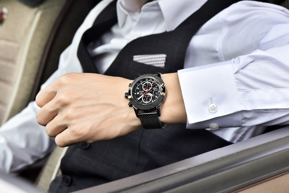 Quartz Three-Eye Watch with Steel Band and Waterproof