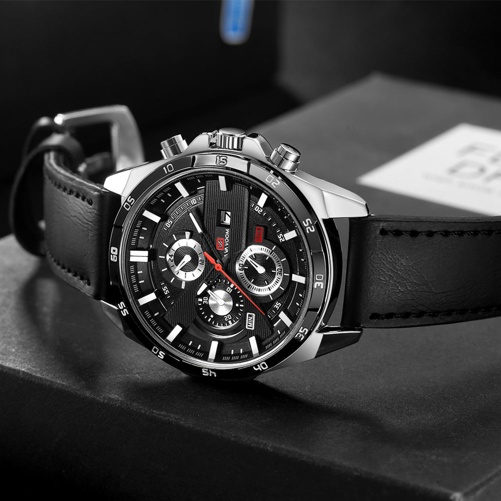 Men's Sports Watch - Leather Band, Waterproof Quartz