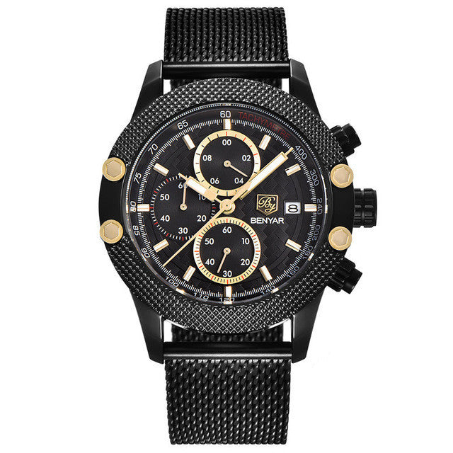 Quartz Three-Eye Watch with Steel Band and Waterproof
