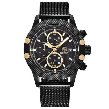 Quartz Three-Eye Watch with Steel Band and Waterproof
