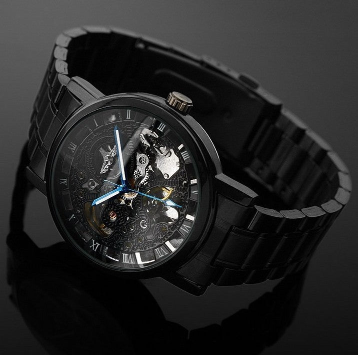 Men's Automatic Mechanical Watch with Black Hollow Steel Band
