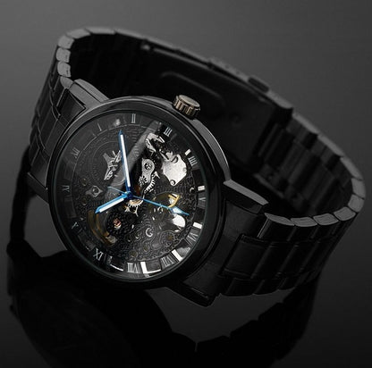 Men's Automatic Mechanical Watch with Black Hollow Steel Band