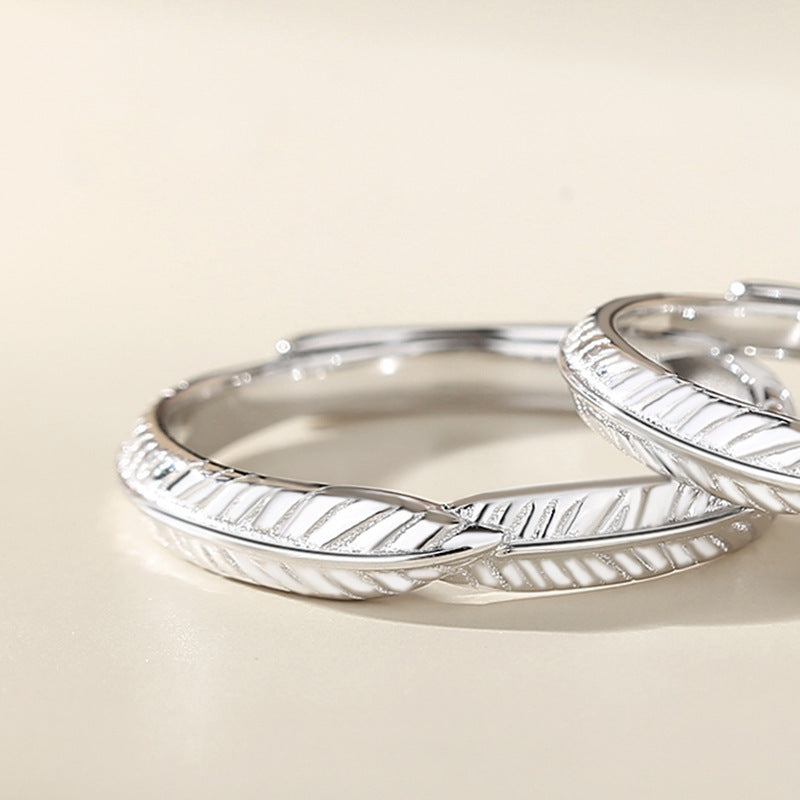 S925 Sterling Silver Leaf Feather Couple Ring