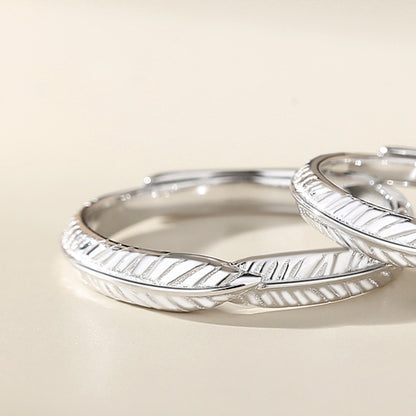 S925 Sterling Silver Leaf Feather Couple Ring