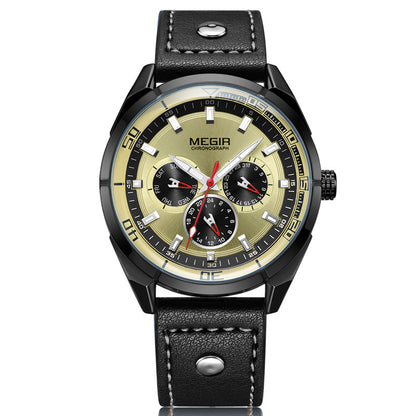 Men's Leather Quartz Watch with Large Dial