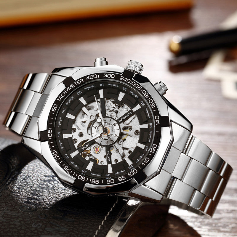 Fully Hollow Automatic Mechanical Watch with Steel Band