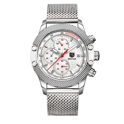 Quartz Three-Eye Watch with Steel Band and Waterproof