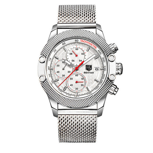 Quartz Three-Eye Watch with Steel Band and Waterproof