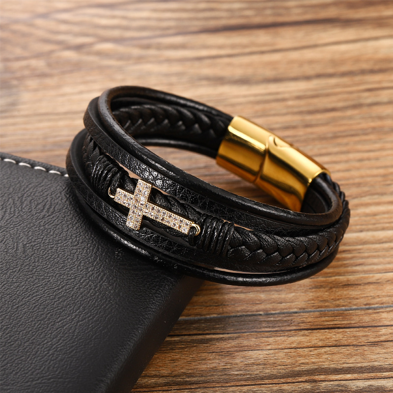 Men's Retro Braided Leather & Steel Bracelet