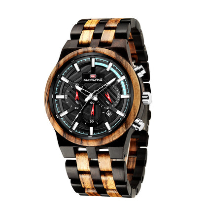 Men's Wood Quartz Watch with Large Dial and Three Eyes