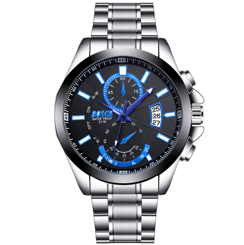 Large Dial Waterproof Sports Steel Band Calendar Watch