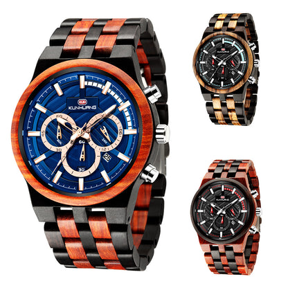 Men's Wood Quartz Watch with Large Dial and Three Eyes