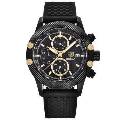 Quartz Three-Eye Watch with Steel Band and Waterproof