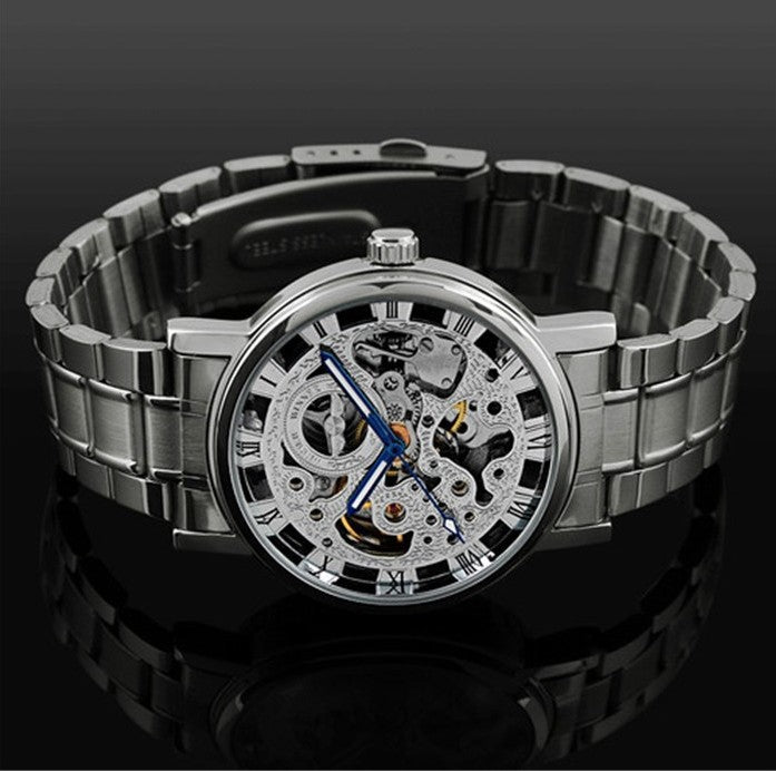 Men's Automatic Mechanical Watch with Black Hollow Steel Band