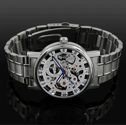 Men's Automatic Mechanical Watch with Black Hollow Steel Band