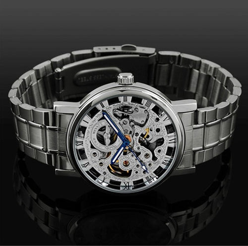 Men's Automatic Mechanical Watch with Black Hollow Steel Band