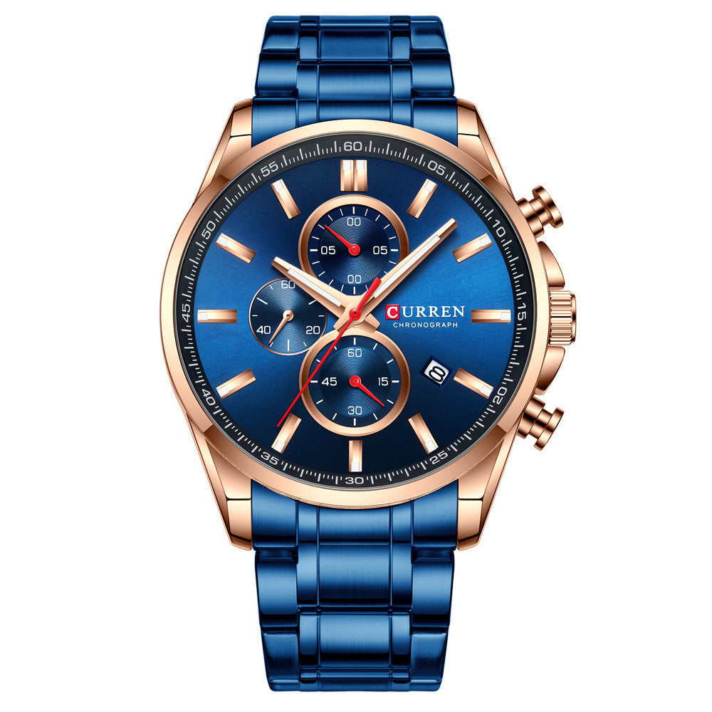 Men's Waterproof Quartz Watch with Calendar and Steel Band