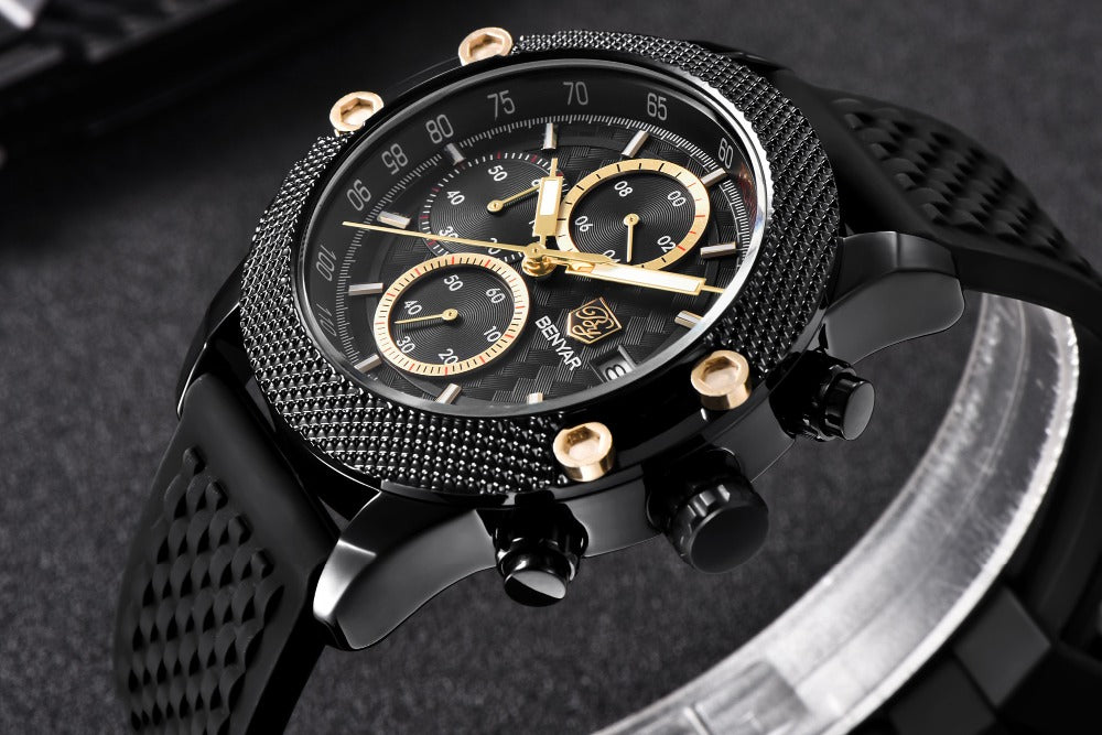 Quartz Three-Eye Watch with Steel Band and Waterproof