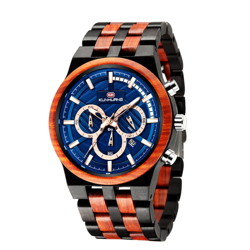Men's Wood Quartz Watch with Large Dial and Three Eyes