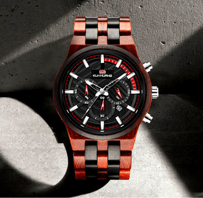 Men's Wood Quartz Watch with Large Dial and Three Eyes