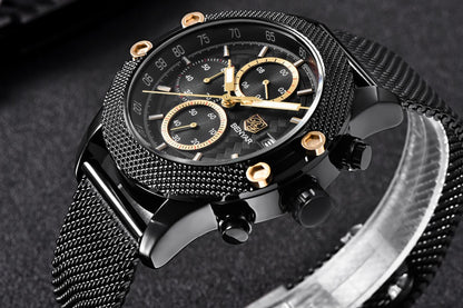 Quartz Three-Eye Watch with Steel Band and Waterproof