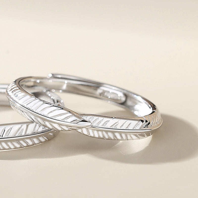 S925 Sterling Silver Leaf Feather Couple Ring