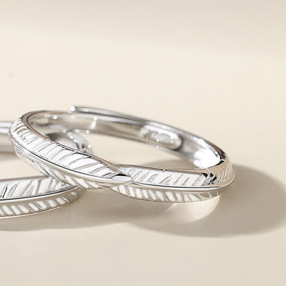 S925 Sterling Silver Leaf Feather Couple Ring