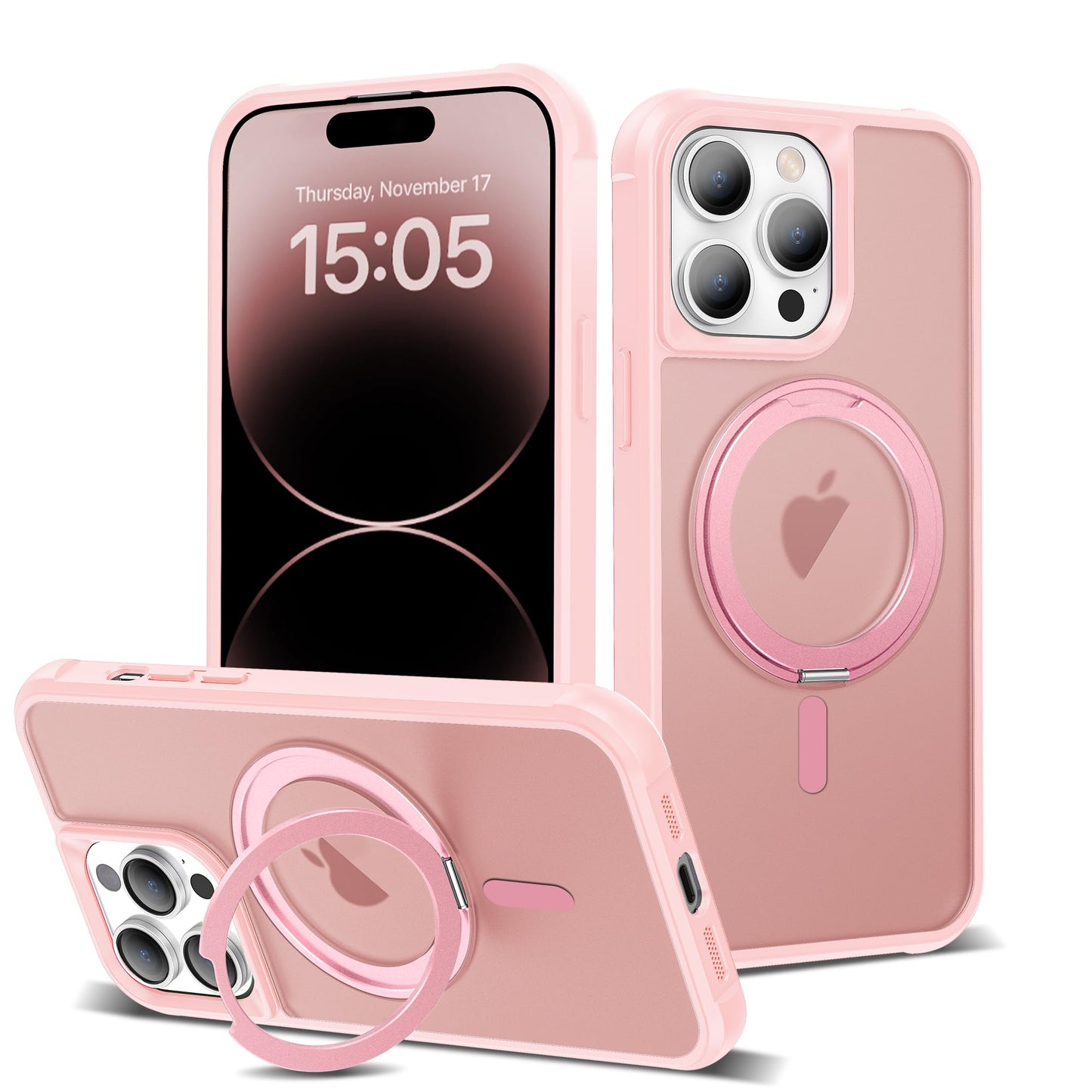 TOKVANZ for iPhone 14 Pro Case with 360° Rotatable Magnetic Ring Stand [Compatible Mag-Safe] [Military Grade Protection] Translucent Matte iPhone 14 Pro Phone Cases for Women Men 6.1 Pink