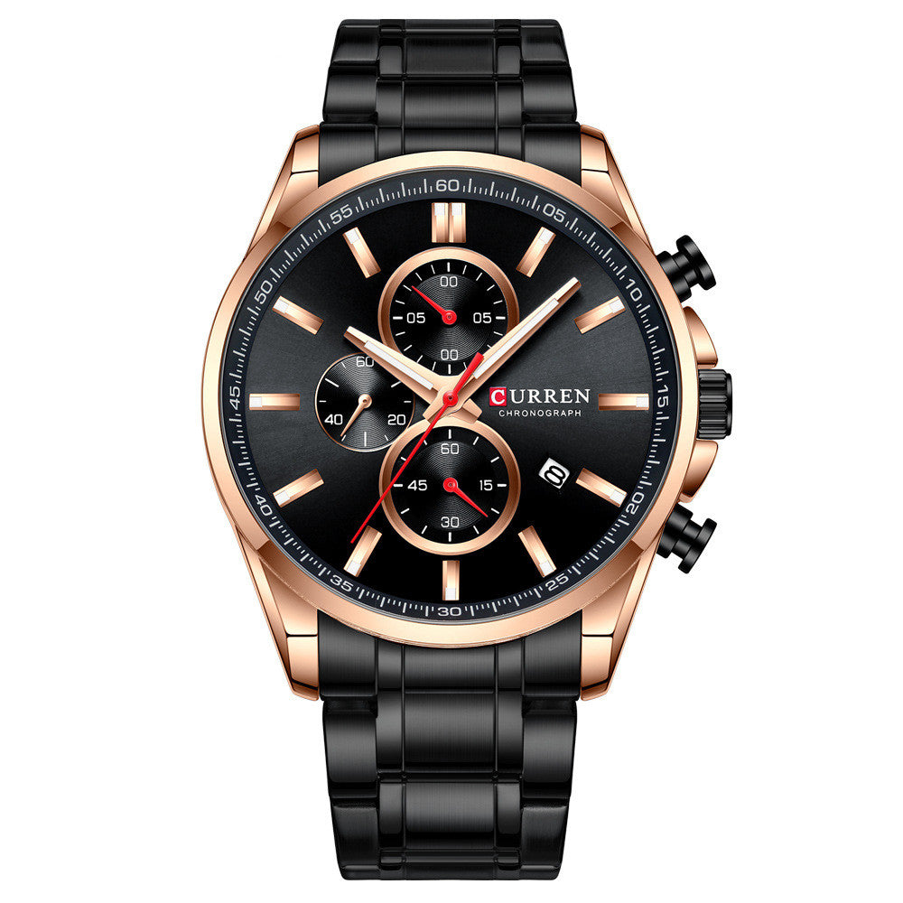Men's Waterproof Quartz Watch with Calendar and Steel Band