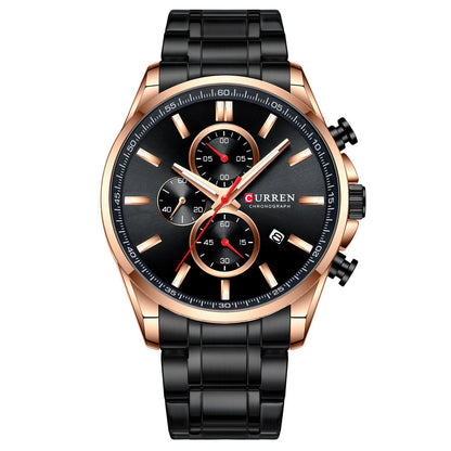 Men's Waterproof Quartz Watch with Calendar and Steel Band