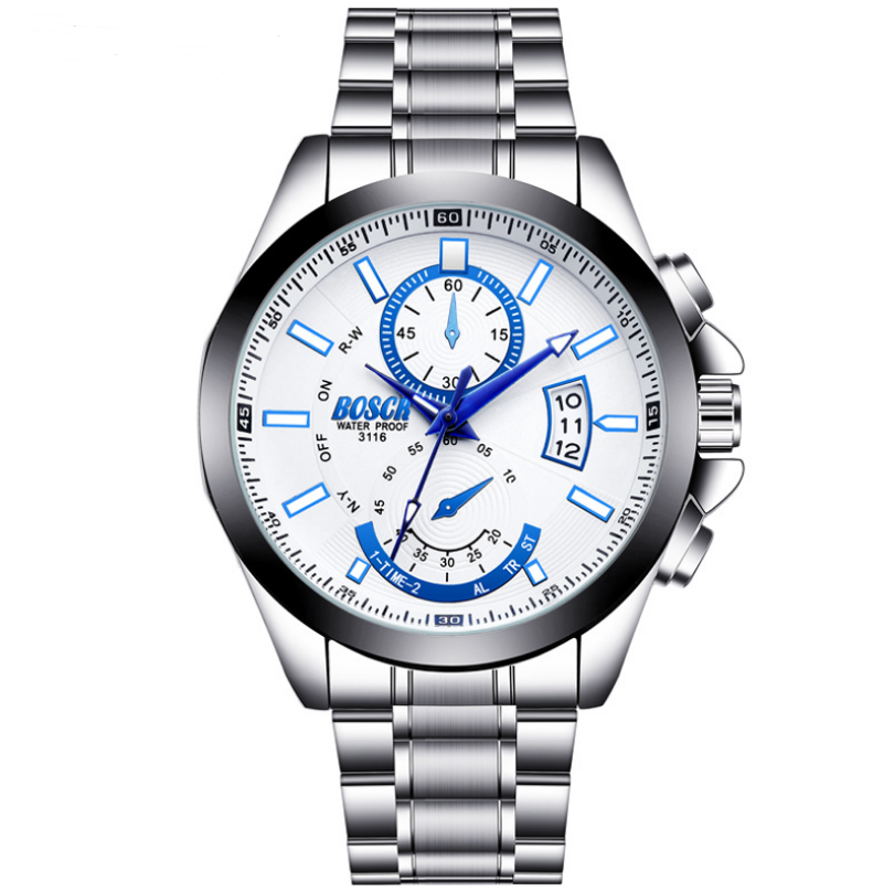 Large Dial Waterproof Sports Steel Band Calendar Watch