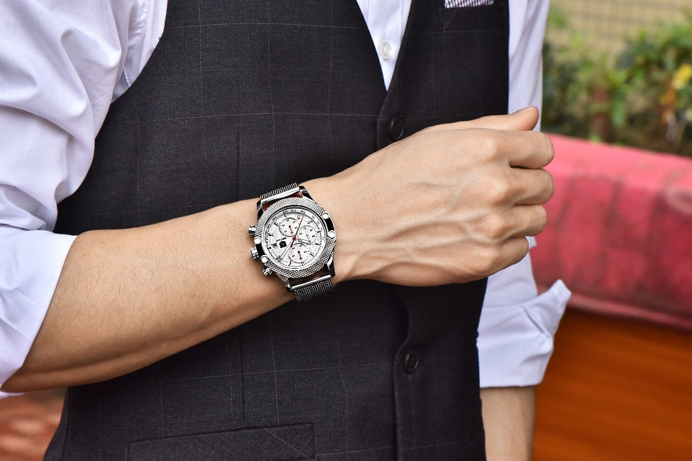 Quartz Three-Eye Watch with Steel Band and Waterproof