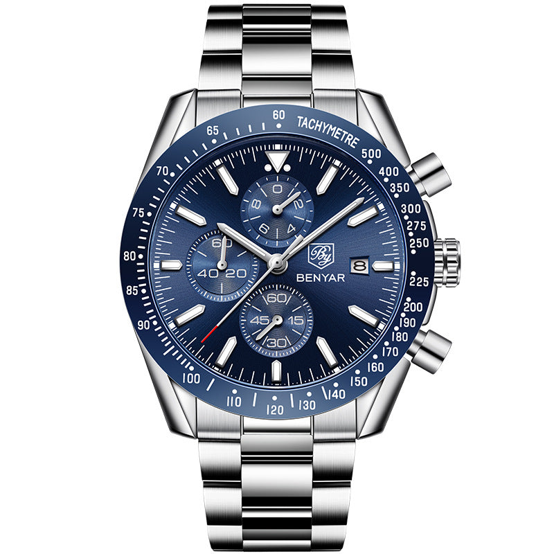 Benyar Waterproof Quartz Men's Watch with Steel Band