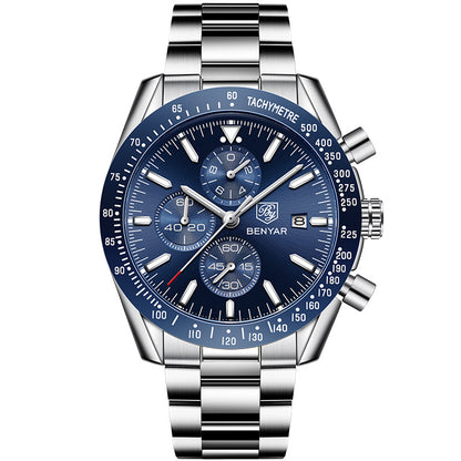 Benyar Waterproof Quartz Men's Watch with Steel Band