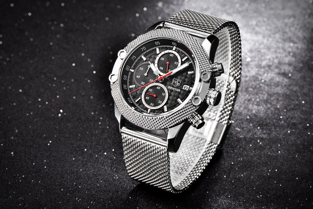 Quartz Three-Eye Watch with Steel Band and Waterproof