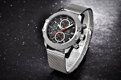 Quartz Three-Eye Watch with Steel Band and Waterproof