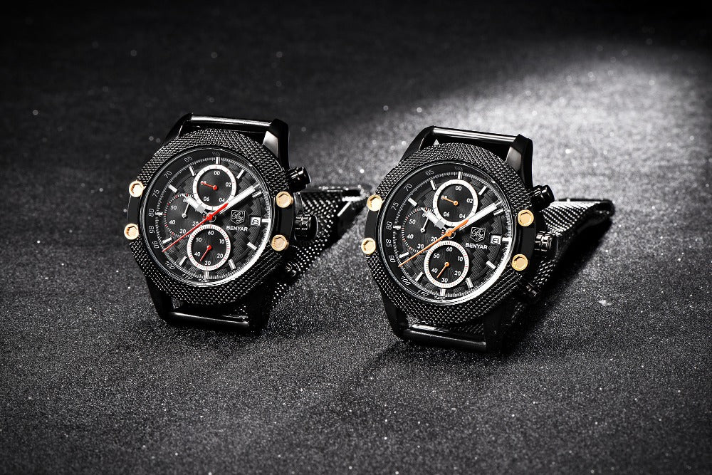 Quartz Three-Eye Watch with Steel Band and Waterproof