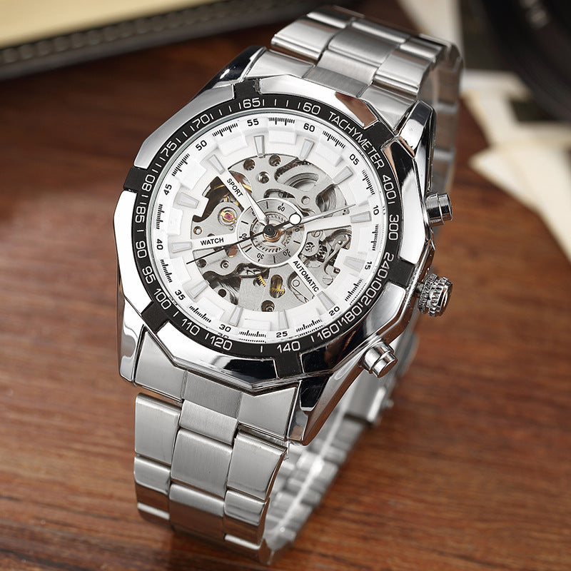 Men's Hollow Automatic Mechanical Watch with Steel Band