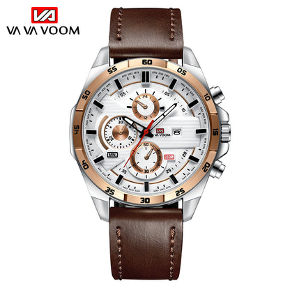 Men's Sports Watch - Leather Band, Waterproof Quartz