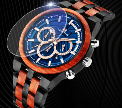 Men's Wood Quartz Watch with Large Dial and Three Eyes