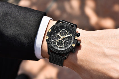 Quartz Three-Eye Watch with Steel Band and Waterproof