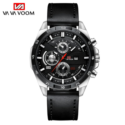 Men's Sports Watch - Leather Band, Waterproof Quartz
